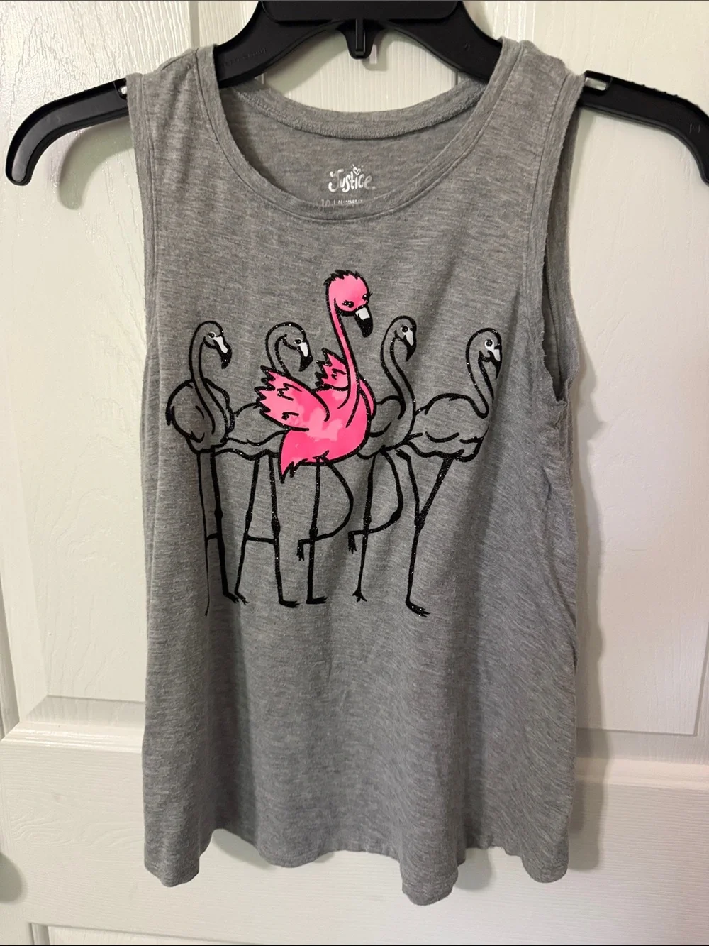 Justice Gray Tank with Bright Pink Flamingo Graphic